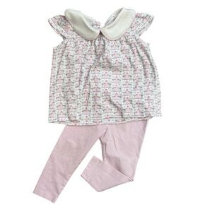 Lila & Hayes Peter Pan Collar Top Castle Print Pink Two-Piece Set Pants